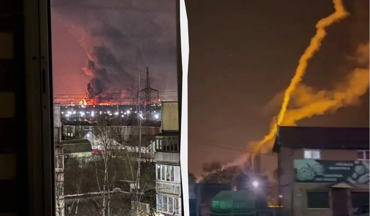 По кадрам и сообщениям местных властей: на ЯНОСе возник крупный пожар после удара беспилотников, а на азотном комплексе в Вологодской области был повреждён трубопровод с серной кислотой — есть пострадавшие.