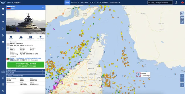 Суперъяхта «Норд», принадлежащая миллиардеру Алексею Мордашову, по данным сервисов отслеживания морского трафика, вышла из Дубая, пересекла Ормузский пролив и следует в Оман; вместе с ней через пролив прошли и несколько судов под американскими санкциями.
