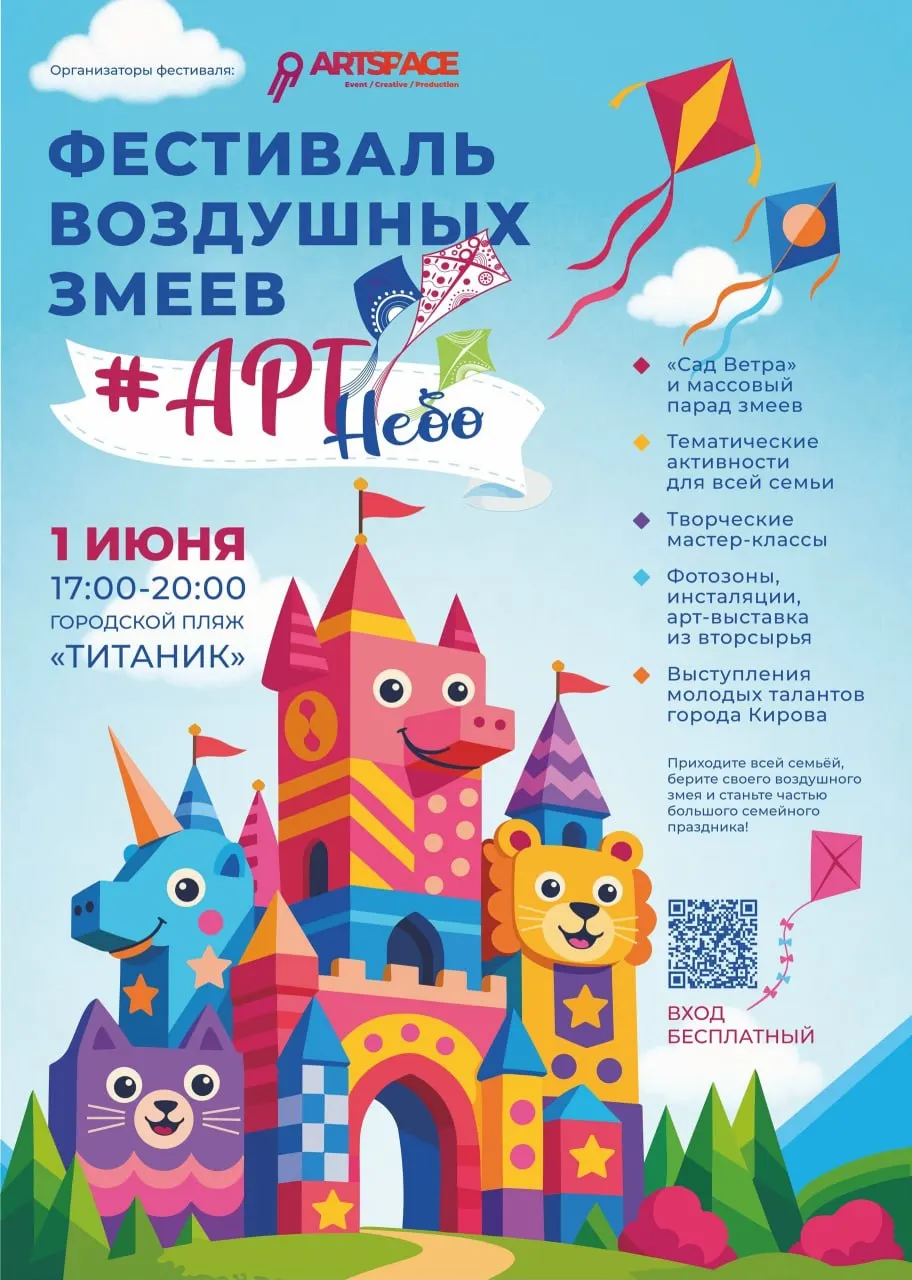 Фестиваль состоится на городском пляже «Титаник» с 17:00 до 20:00. В программе — массовый запуск воздушных змеев, выступления местных музыкантов, мастер‑классы, эко‑арт, фотозоны и вид на реку Вятку.