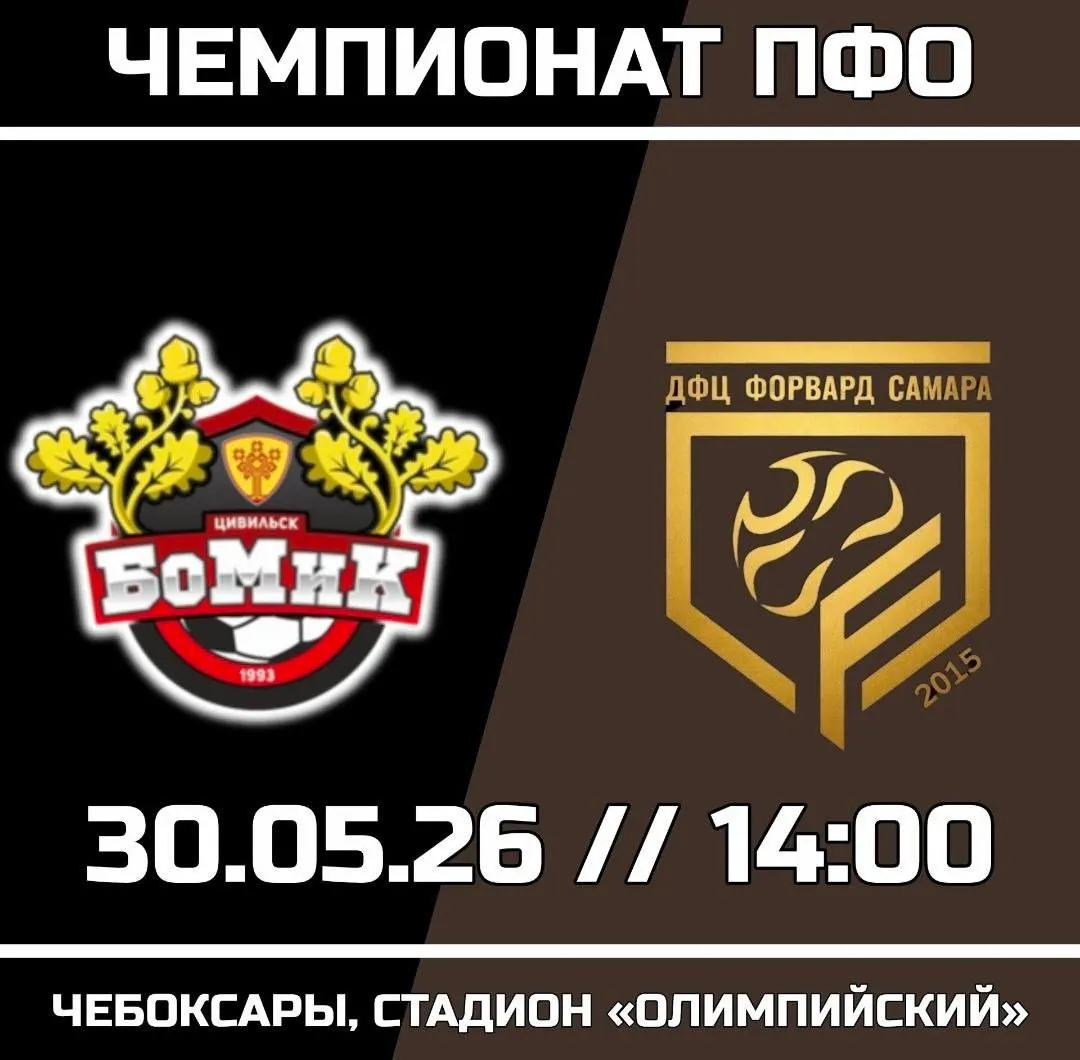 Чебоксарский «БоМиК» примет самарский «Форвард» 30 мая на стадионе «Олимпийский». Начало в 14:00, вход свободный. Команда идёт с четырьмя победами и нулём пропущенных мячей — нужна поддержка трибун.