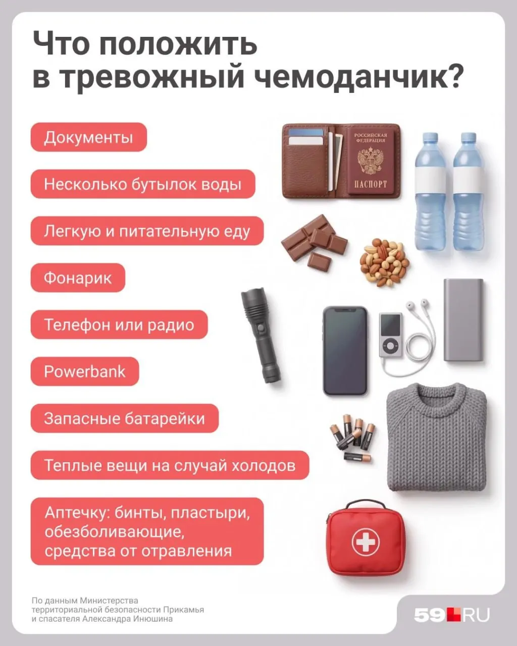 Спасатель рекомендует собирать комплект на три дня: вещи и продукты с небольшим запасом, но так, чтобы сумку можно было легко взять с собой.