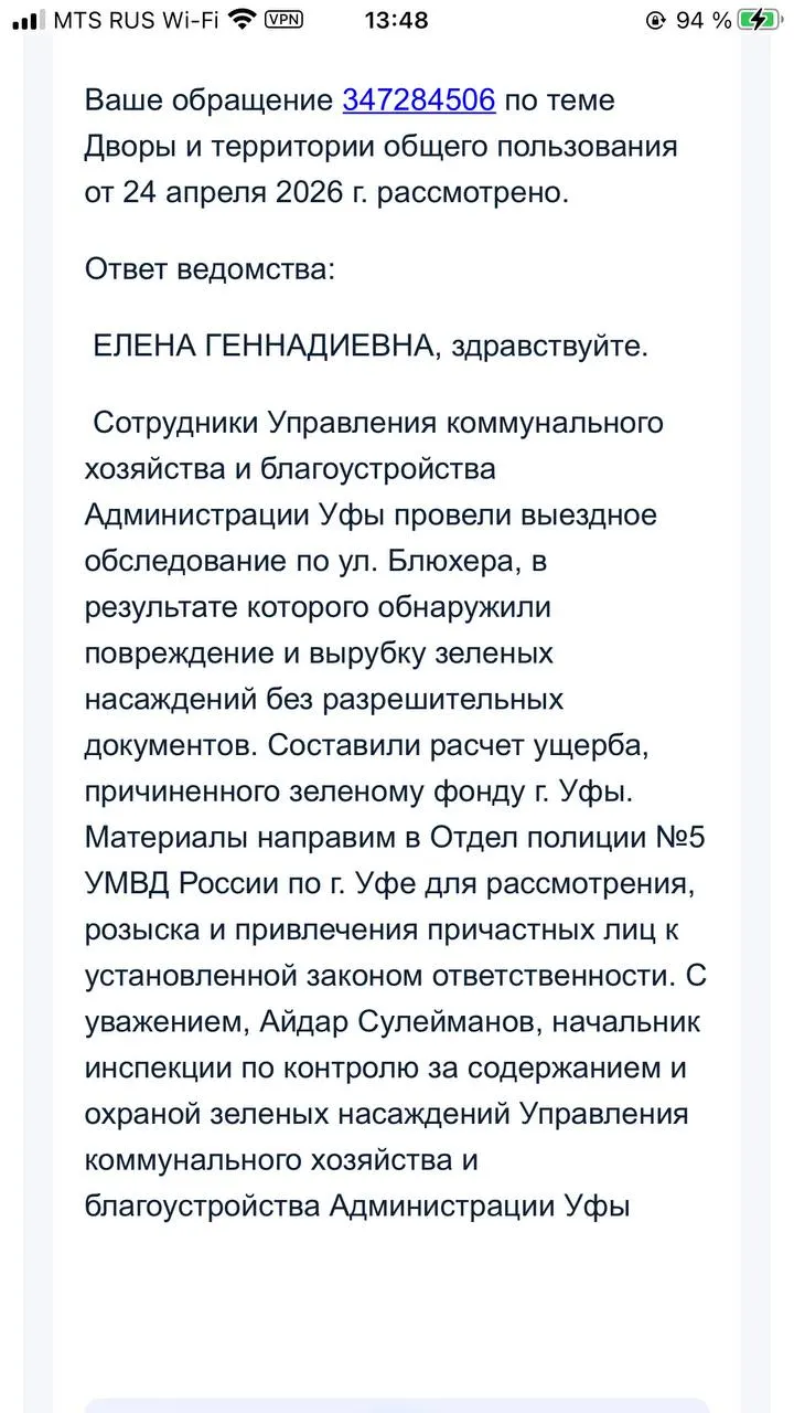 С 23 марта жители сообщают о вырубке зелёных насаждений на участке на ул. Блюхера в Уфе без разрешений; город выехал на место только после многочисленных обращений, жители требуют наказать виновных.