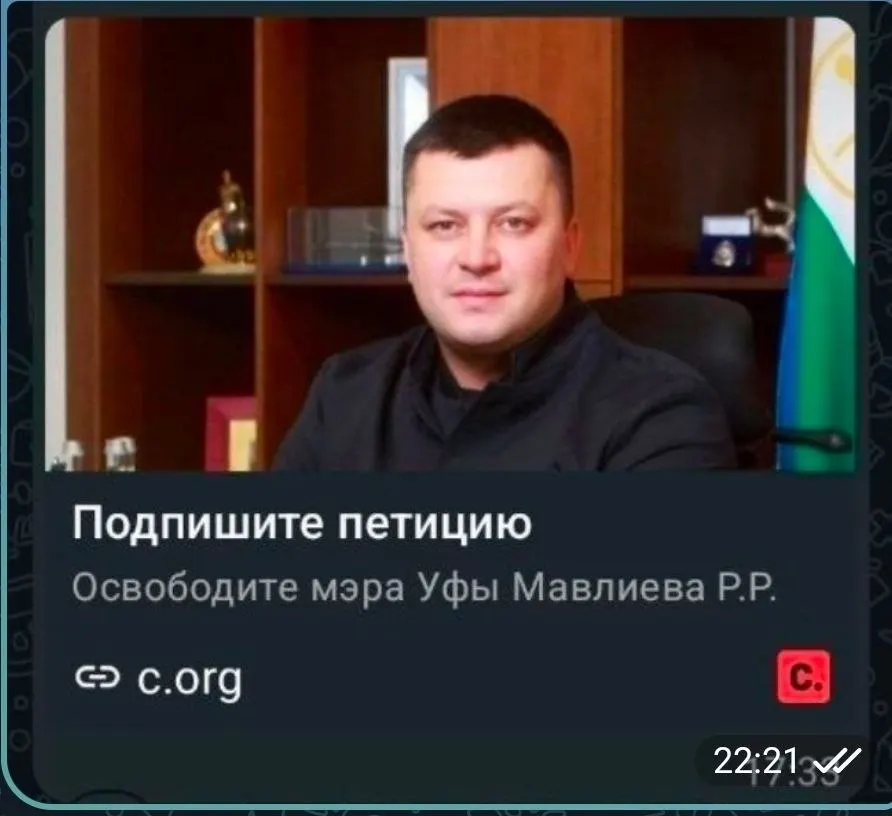 В домовых чатах циркулирует петиция об освобождении мэра Ратмира Мавлиева. Ссылку не публикуют, ссылаясь на риск давления на следствие; авторы обращения при этом заявляют о готовности потребовать его отставки с поста главы городской администрации.