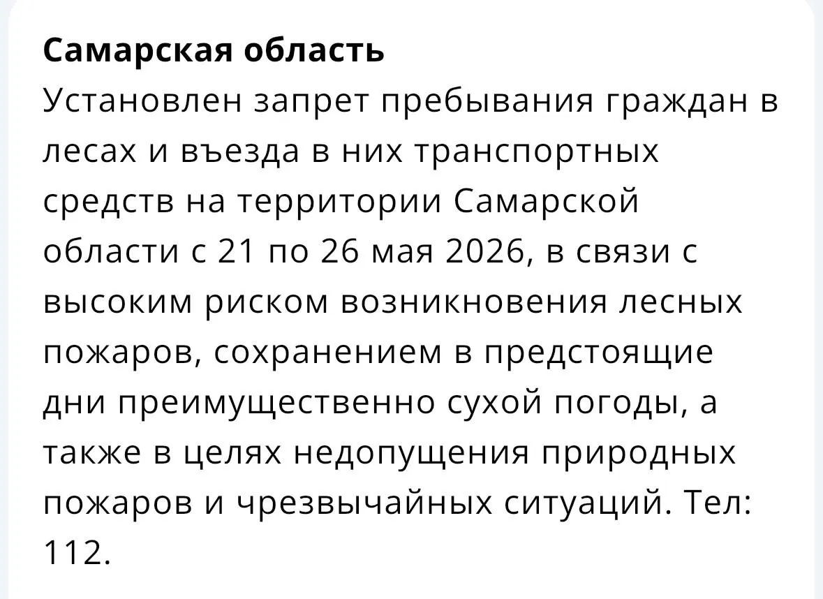 Из‑за сухой погоды и высокого риска лесных пожаров власти ограничили пребывание людей и въезд автомобилей в лесные массивы Самарской области на период с 21 по 26 мая.
