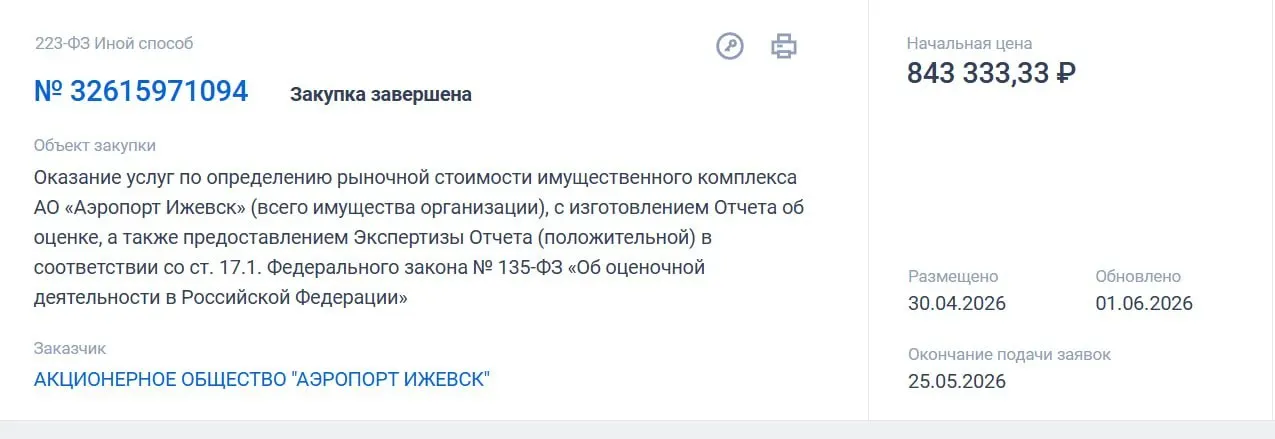 В Удмуртии выбран подрядчик для оценки имущественного комплекса аэропорта Ижевск и акций «Ижавиа». Отчёт о стоимости активов должен быть готов к 1 июля 2026 года.