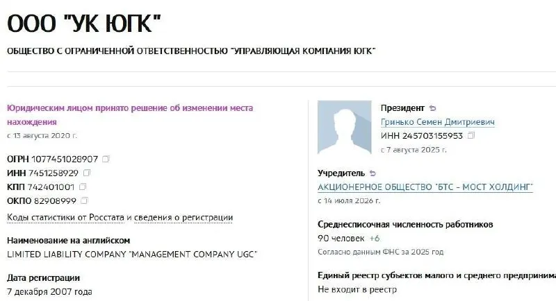 Управляющая компания холдинга перешла под контроль АО «БТС‑Мост Холдинг». Активы были национализированы год назад; на аукционе пакет продали за 93,16 млрд рублей, компания переименована в ГК «БТС‑Золото», назначен новый гендиректор.
