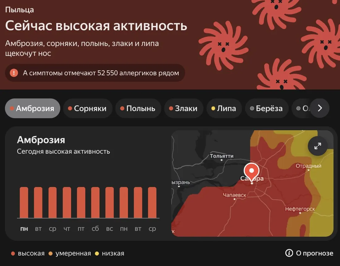 Амброзия, сорняки, полынь и злаки станут основными источниками пыльцы. Людям с аллергией рекомендуется соблюдать осторожность и по необходимости обратиться к врачу.