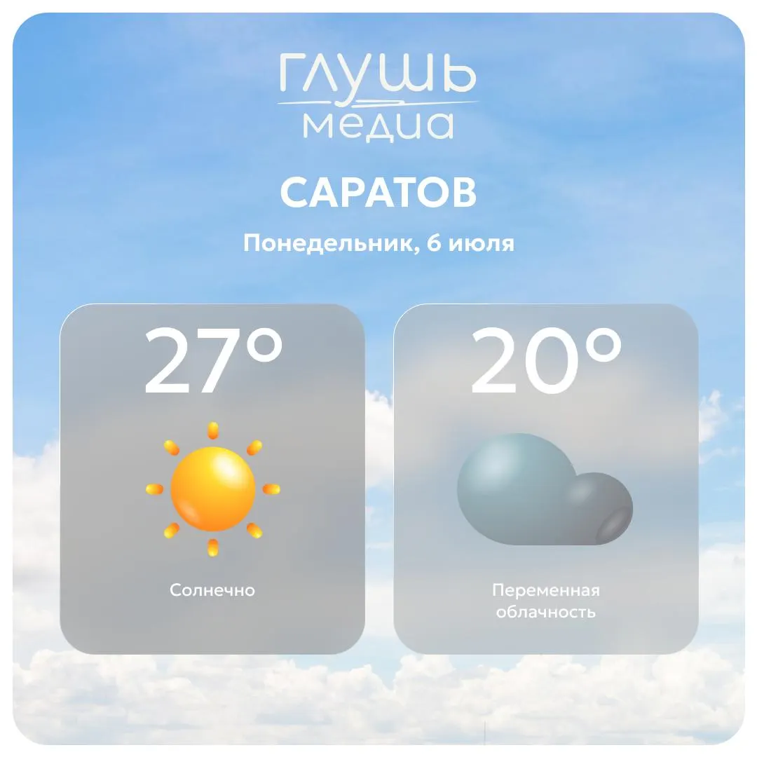 Днем в Саратове ожидается малооблачная погода, осадков не предвидится.