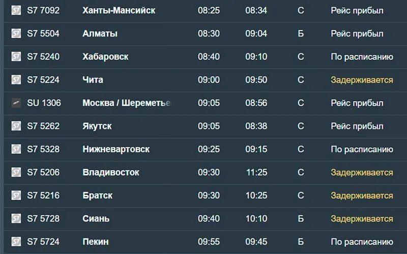 Утром 18 августа в Новосибирск задержаны 14 рейсов. Среди задержанных — рейсы из Санкт-Петербурга, Читы, Владивостока, Братска, Сианя (Китай), Талакана, Мирного, Благовещенска, Москвы, Краснодара и Норильска. Рейсы из Минеральных Вод и Нижнего Новгорода задержаны на 11,5 и 10 часов соответственно.