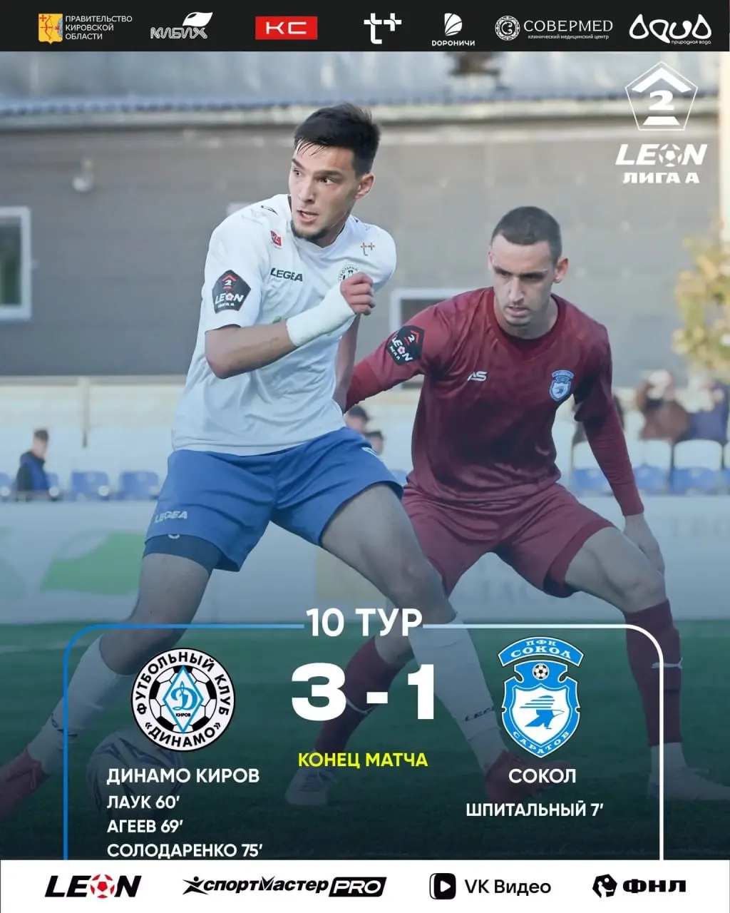 Кировская команда обыграла саратовский Сокол со счётом 3:1 в домашнем матче и после десяти поединков остаётся на втором месте в чемпионате.