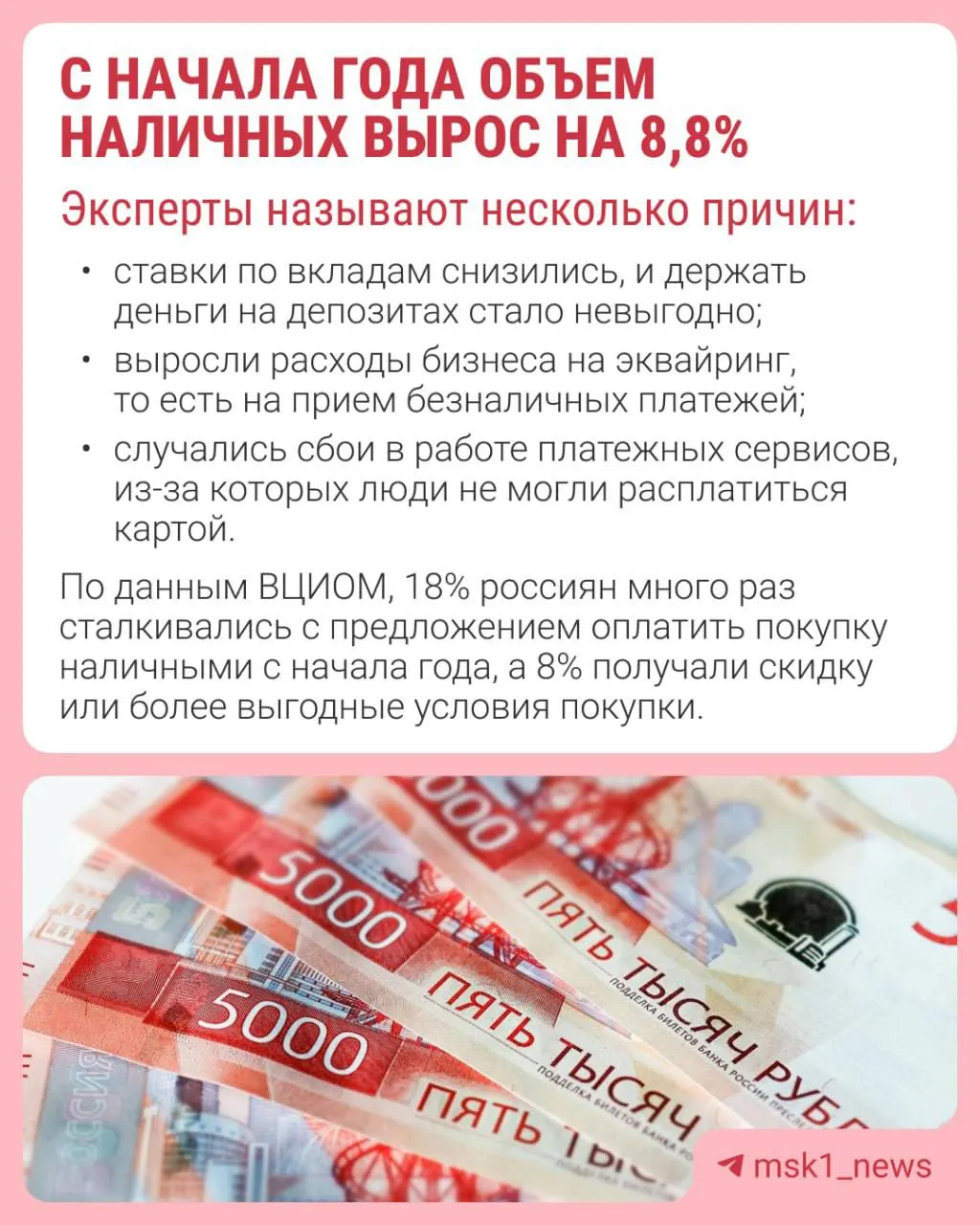 Общий объём наличных достиг 19,8 триллиона рублей; рост составил 8,8%. Доля наличных в денежной массе продолжает снижаться.