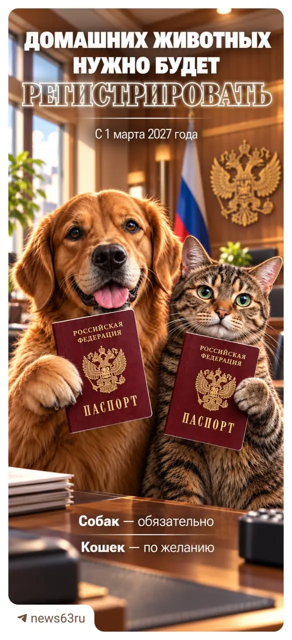 С 1 марта 2027 года владельцам собак предстоит зарегистрировать питомцев и установить им чип. Регистрация кошек будет по желанию. Процедура регистрации бесплатна, чипирование платное.