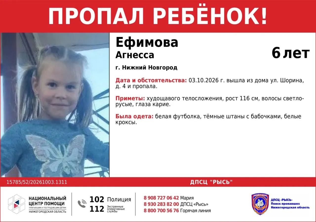 6-летняя девочка пропала после выхода из дома на улице Шорина. На момент исчезновения она была в белой футболке, темных штанах с бабочками и белых кроксах, без верхней одежды. Поисковые службы просят о помощи.